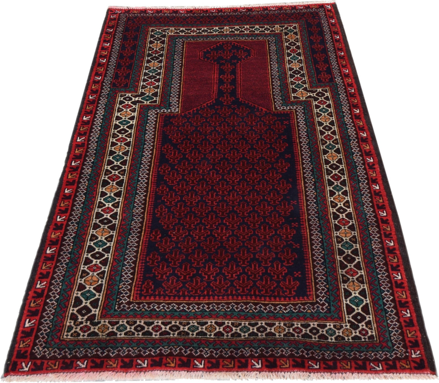 A handmade vintage Afghan Baluch prayer rug featuring a dark red and blue geometric pattern.
