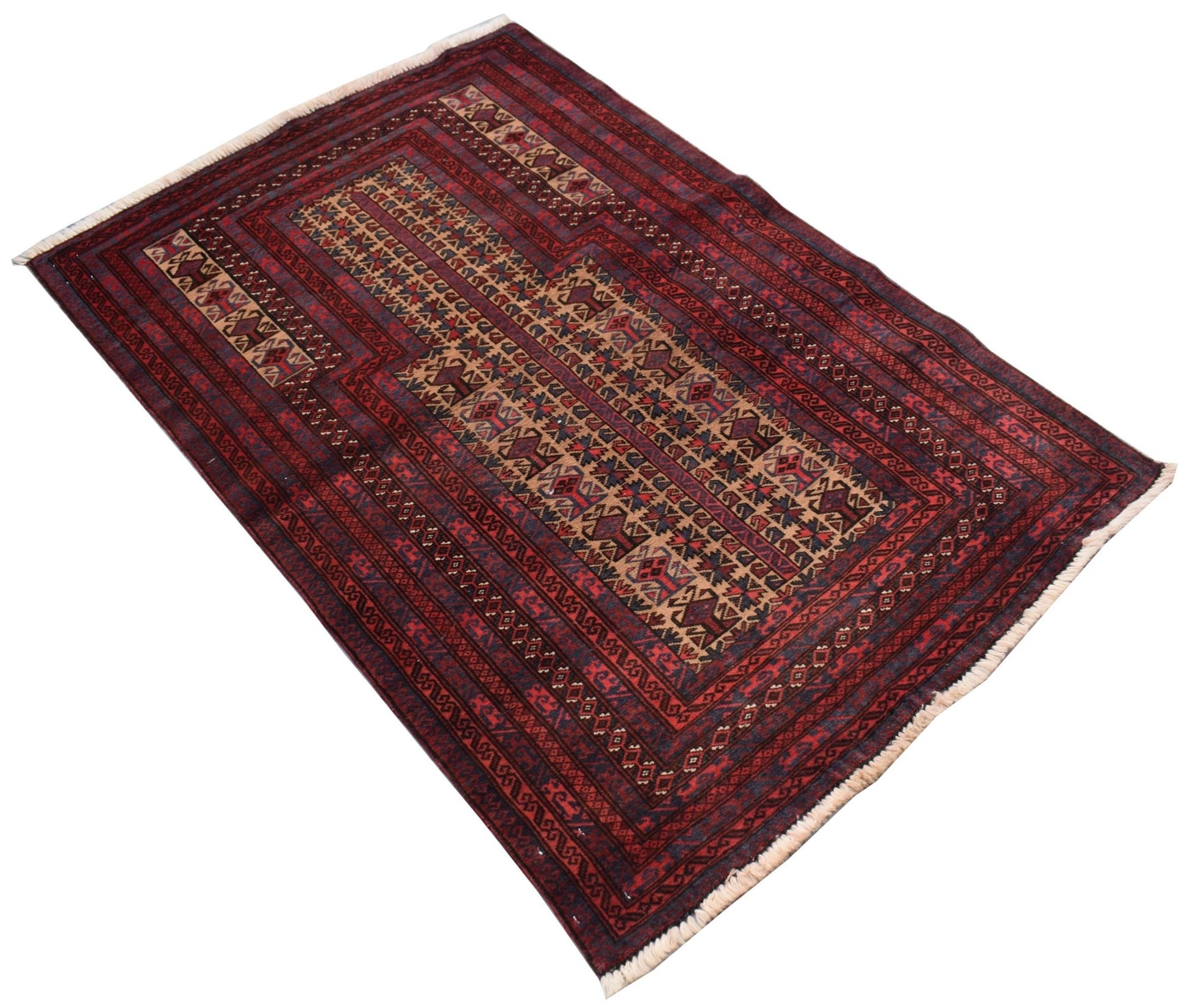 A vintage handmade Afghan Baluch rug featuring traditional geometric patterns in red and dark tones.