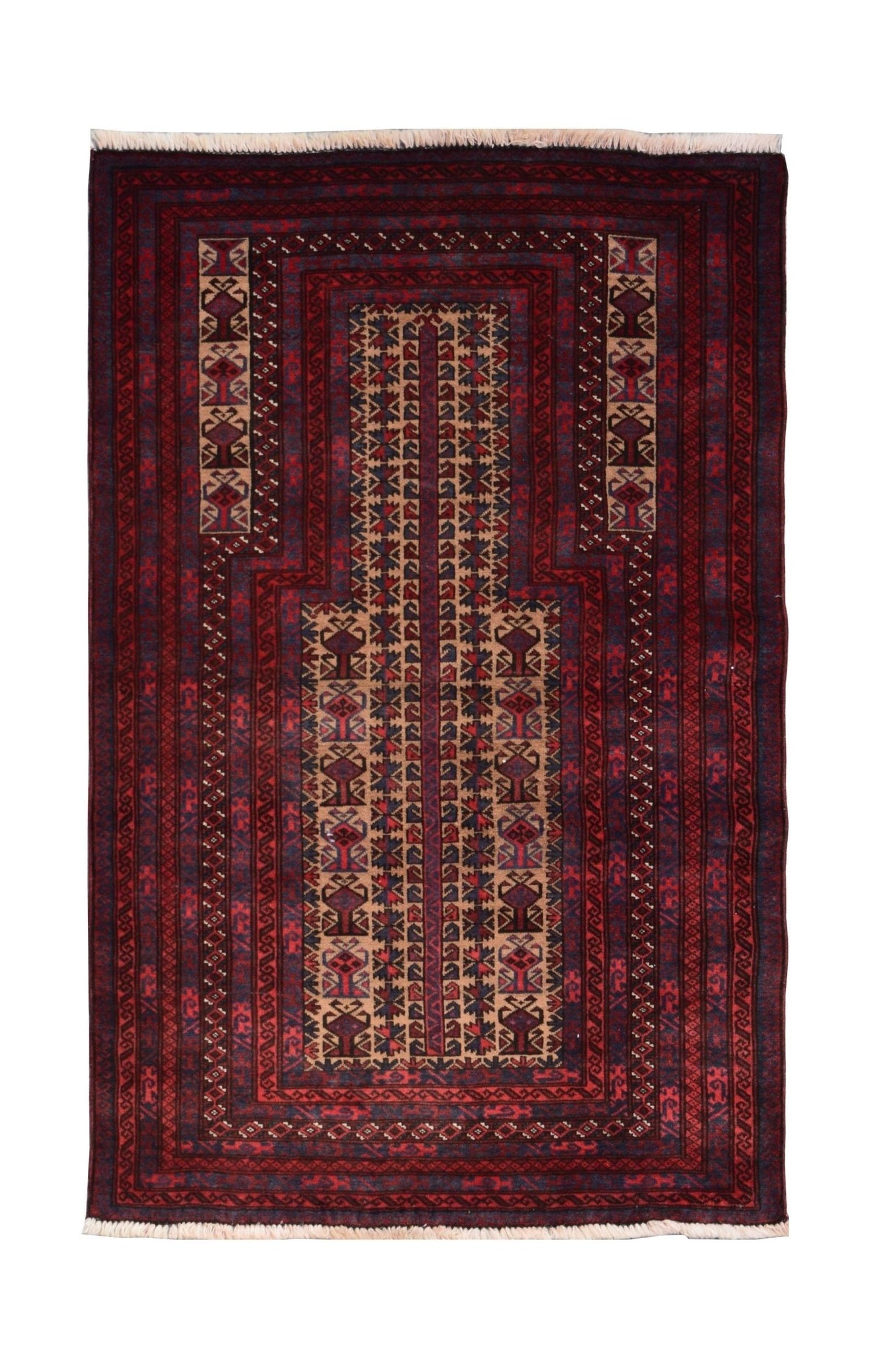 A handmade vintage Afghan Baluch rug featuring a traditional prayer design in deep red and blue.