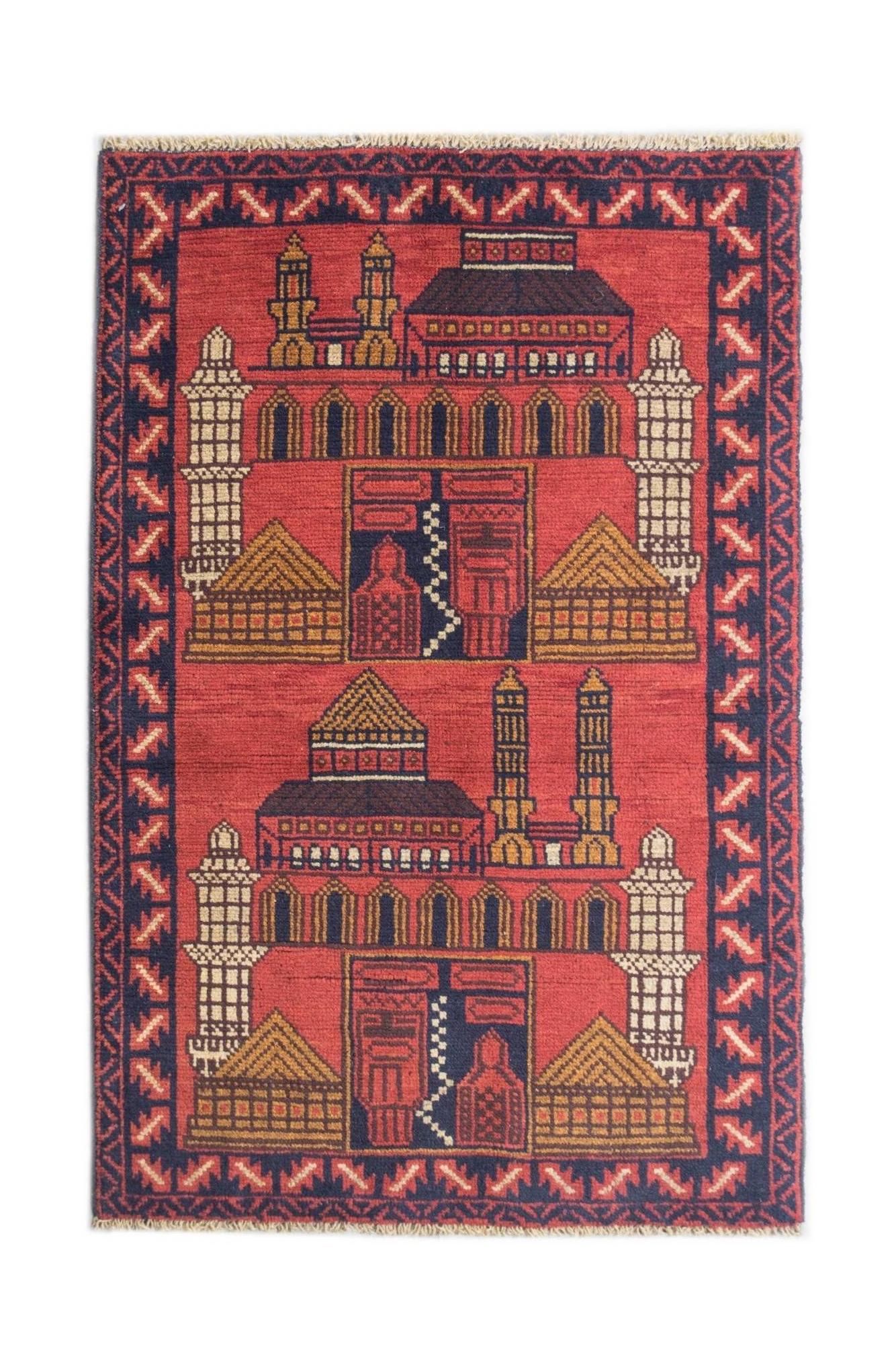 A handmade vintage Afghan Baluch rug featuring architectural mosque motifs in red, blue, and ivory.
