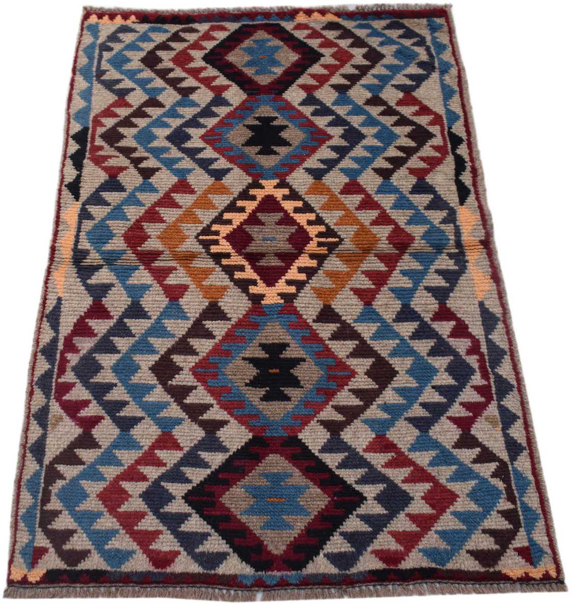 Handmade Afghan Pashm rug featuring a geometric diamond pattern in red, blue, and brown wool.