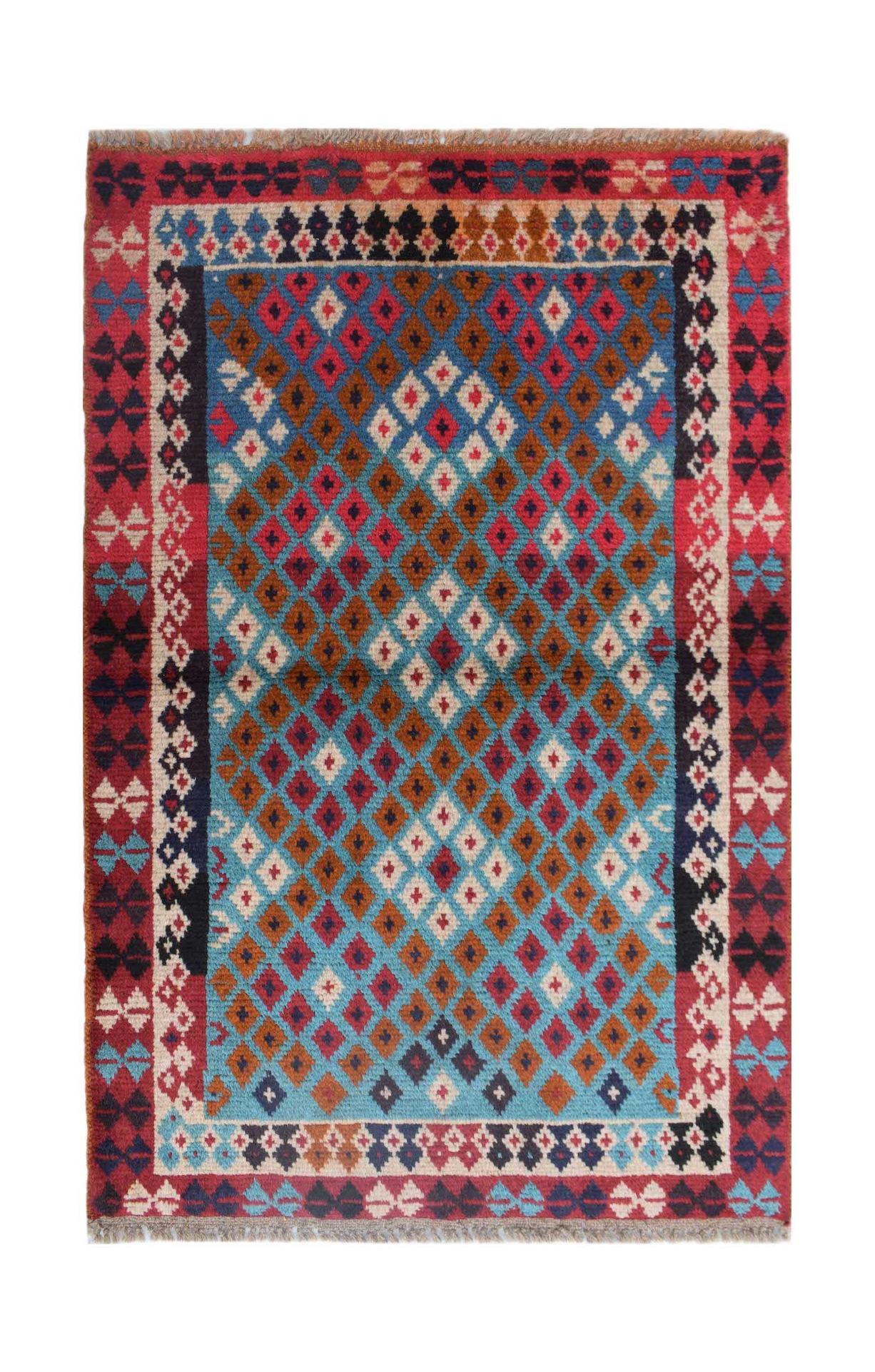 Handmade Afghan Pashm rug featuring a geometric diamond pattern in blue, red, and brown tones.