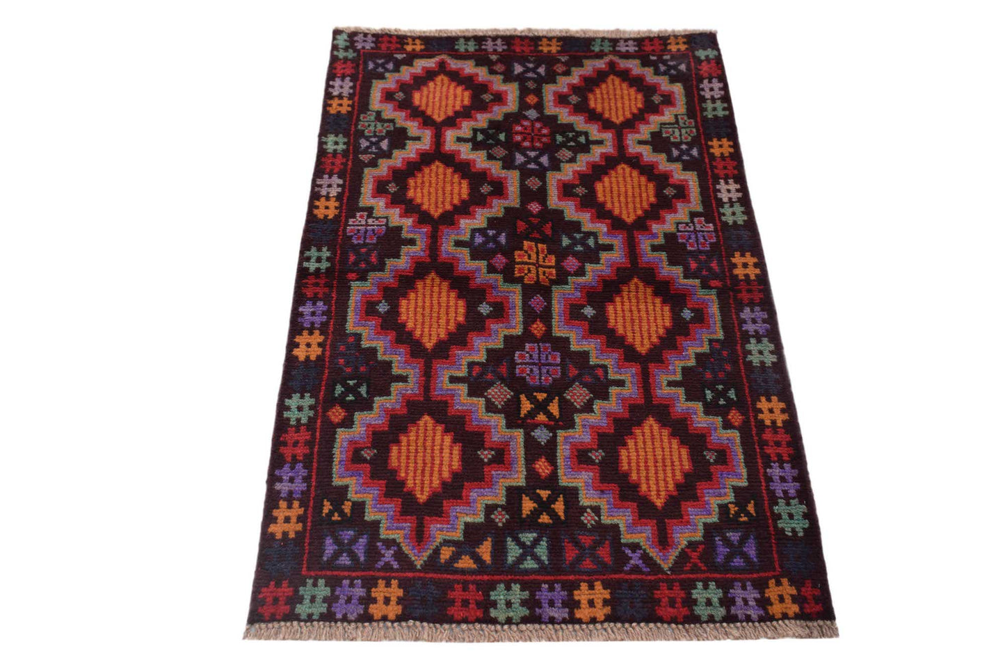 Handmade Afghan Pashm rug featuring a geometric diamond pattern in dark red, brown, and blue tones.