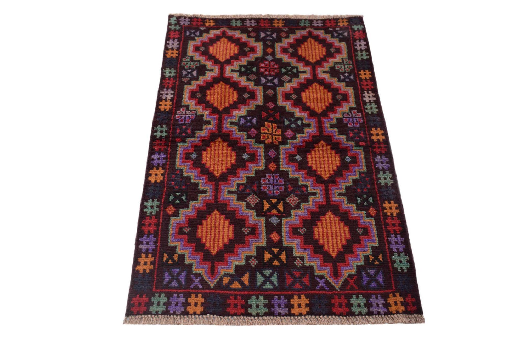 Handmade Afghan Pashm rug featuring a geometric diamond pattern in dark red, brown, and blue tones.