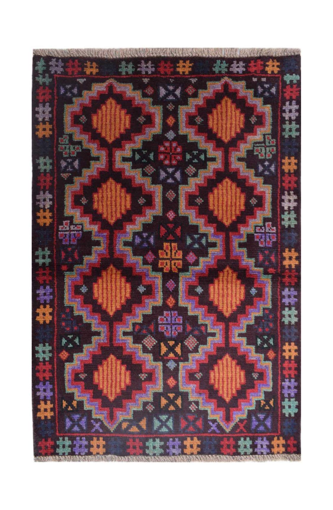 Handmade Afghan Pashm rug featuring a dark background with geometric orange diamond patterns.
