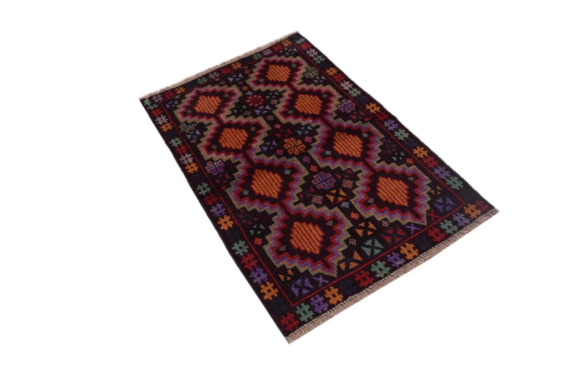 A handmade Afghan Pashm rug featuring a dark geometric pattern with orange diamond motifs.