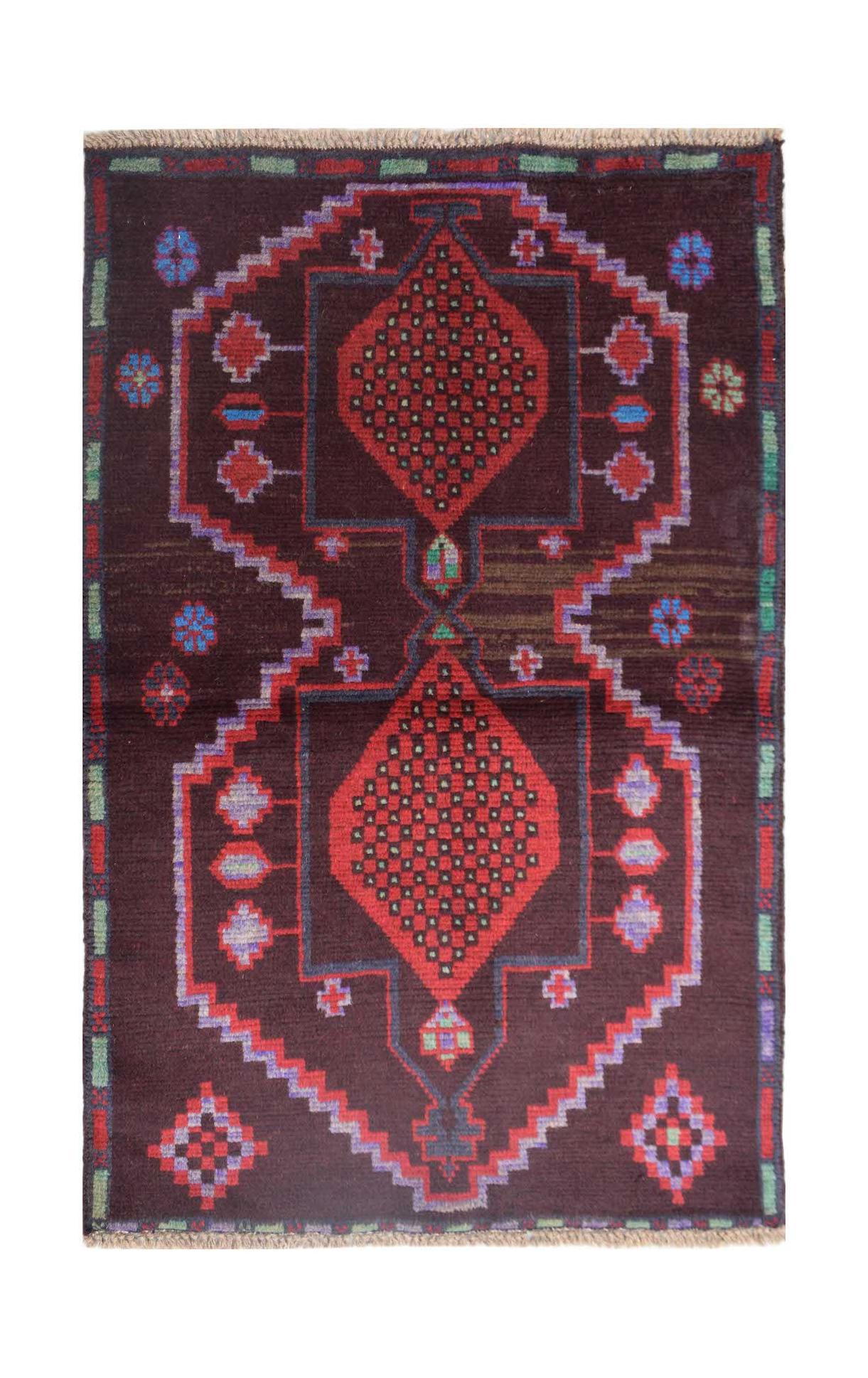 Handmade Afghan Pashm rug featuring a dark brown field with two red geometric diamond medallions.