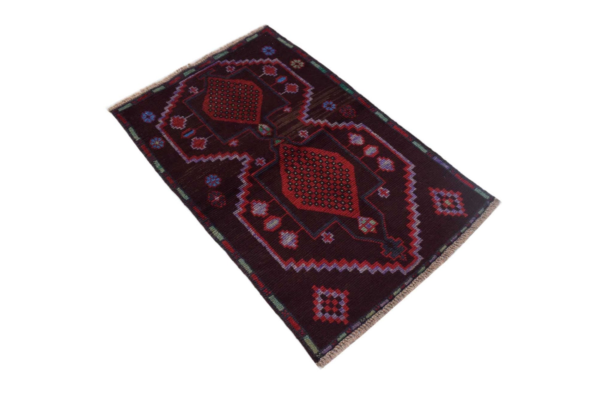 A handmade Afghan Pashm rug featuring geometric patterns in dark red, brown, and blue tones.
