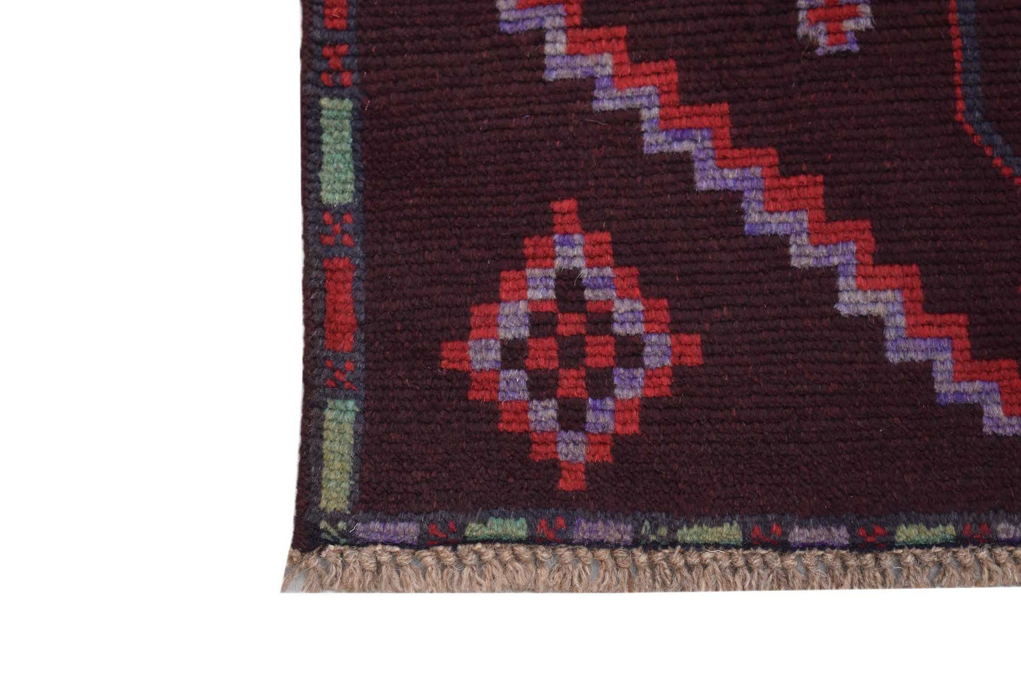 Handmade Afghan Pashm rug featuring a dark red field with geometric diamond patterns and fringe.