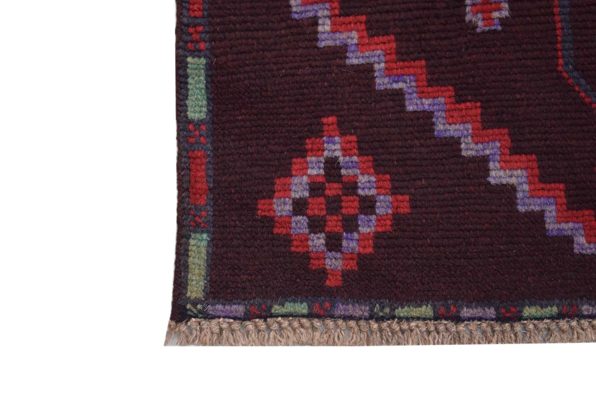 Handmade Afghan Pashm rug featuring a dark red field with geometric diamond patterns and fringe.