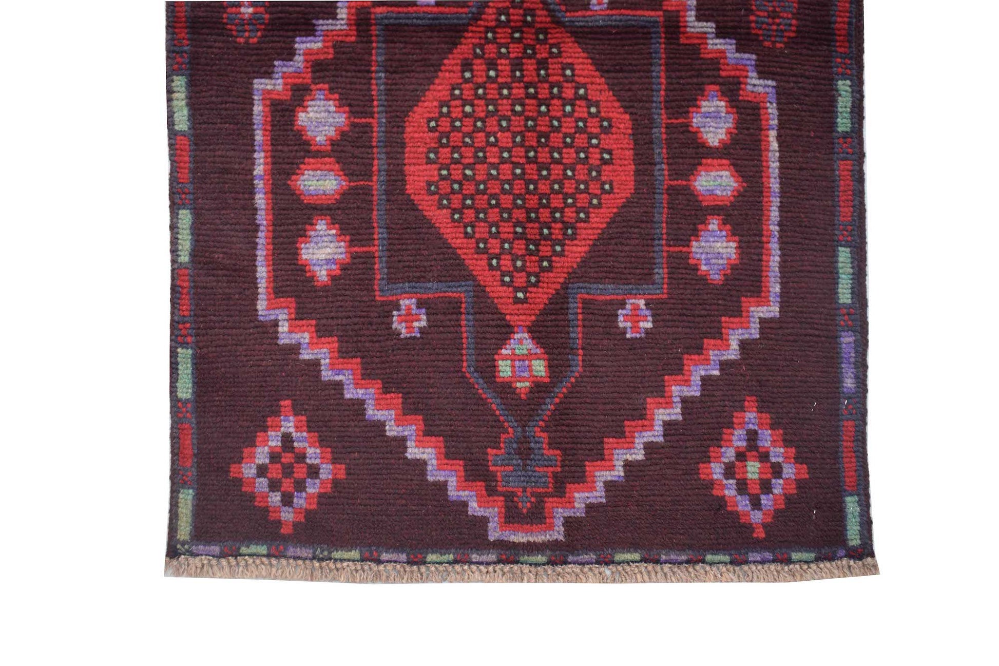 Handmade Afghan Pashm rug featuring a dark red field with a central geometric diamond motif.