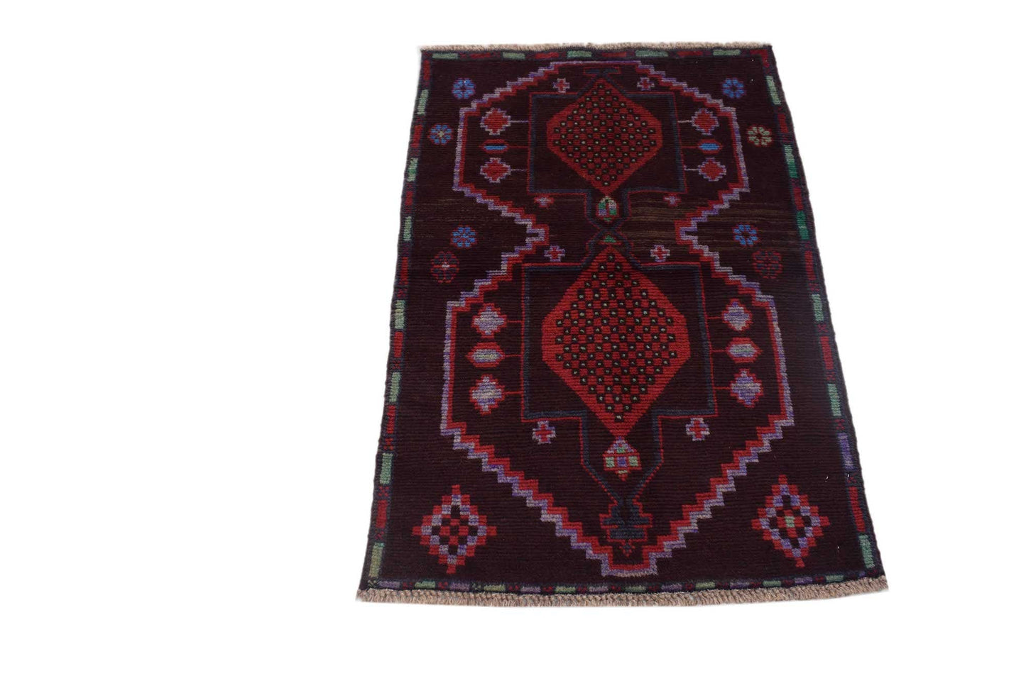 Handmade Afghan Pashm rug featuring a dark brown field with geometric red diamond motifs.