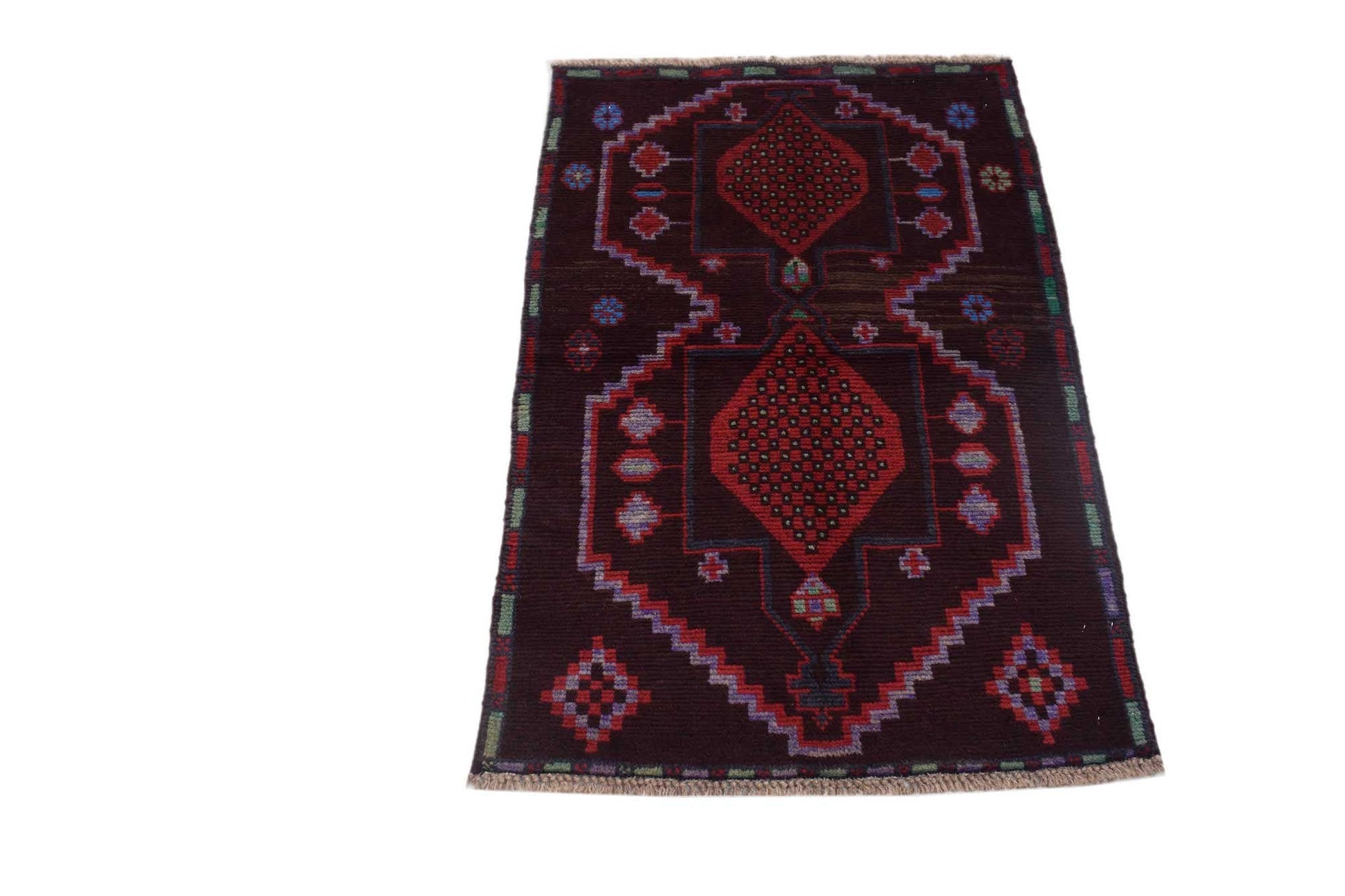 Handmade Afghan Pashm rug featuring a dark brown field with geometric red diamond motifs.