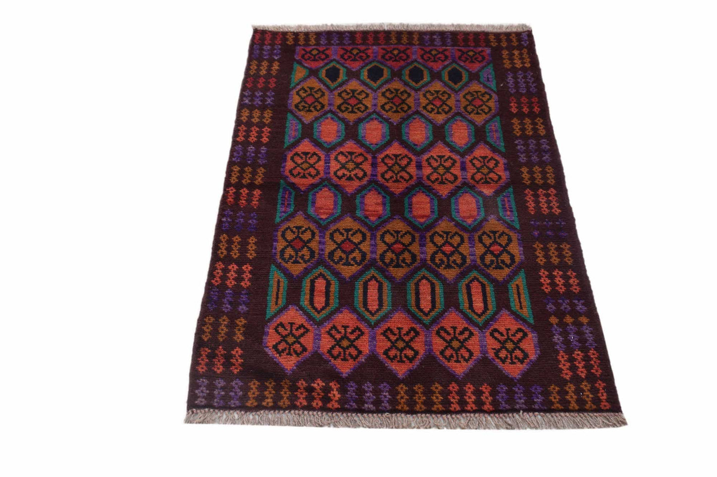 Handmade Afghan Pashm rug featuring a geometric diamond pattern in dark red, brown, and blue tones.