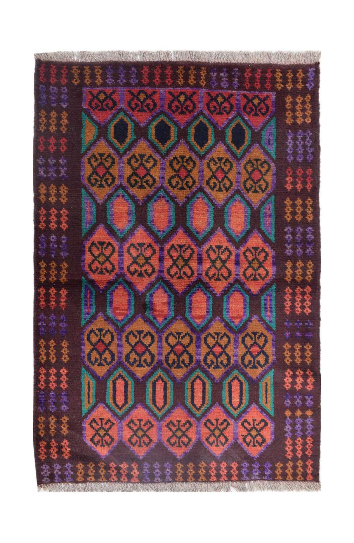 Handmade Afghan Pashm rug featuring a geometric diamond pattern in dark red, brown, and blue tones.