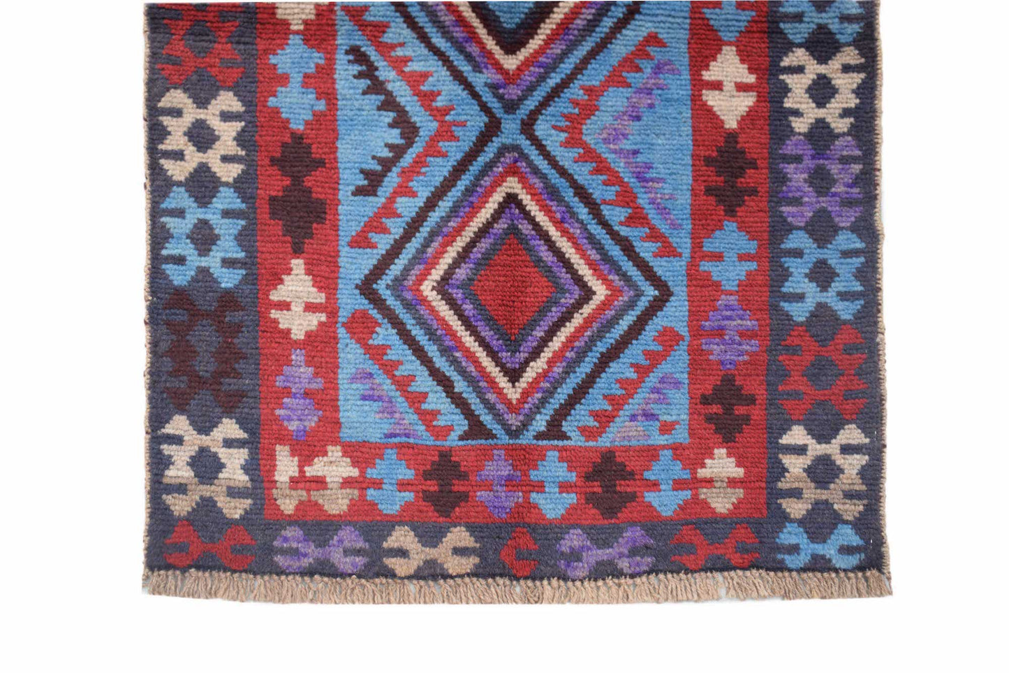 Handmade Afghan Pashm rug featuring a geometric diamond pattern in red, blue, and brown wool.