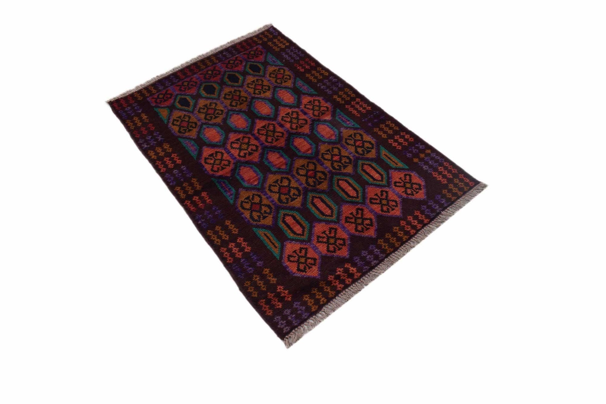 A handmade Afghan Pashm rug featuring a geometric pattern in dark red, brown, and blue tones.