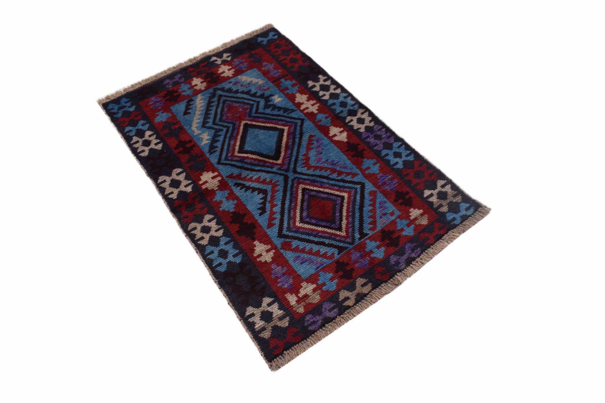 Handmade Afghan Pashm rug featuring a geometric diamond pattern in shades of blue, red, and brown.