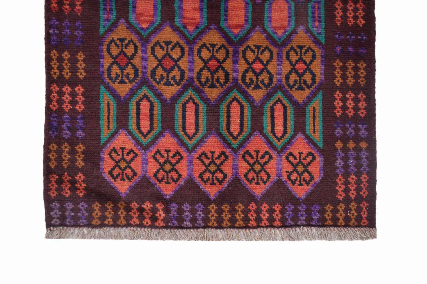 Handmade Afghan Pashm rug featuring a geometric diamond pattern in dark red, brown, and blue.