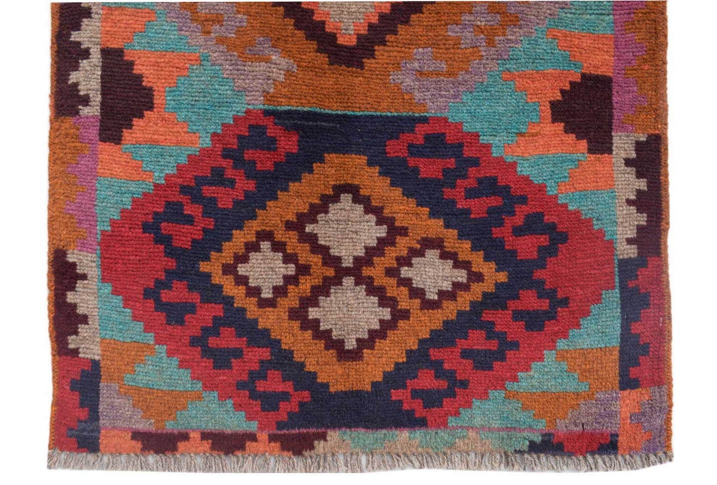Handmade Afghan Pashm rug featuring a geometric diamond pattern in red, blue, and orange wool.