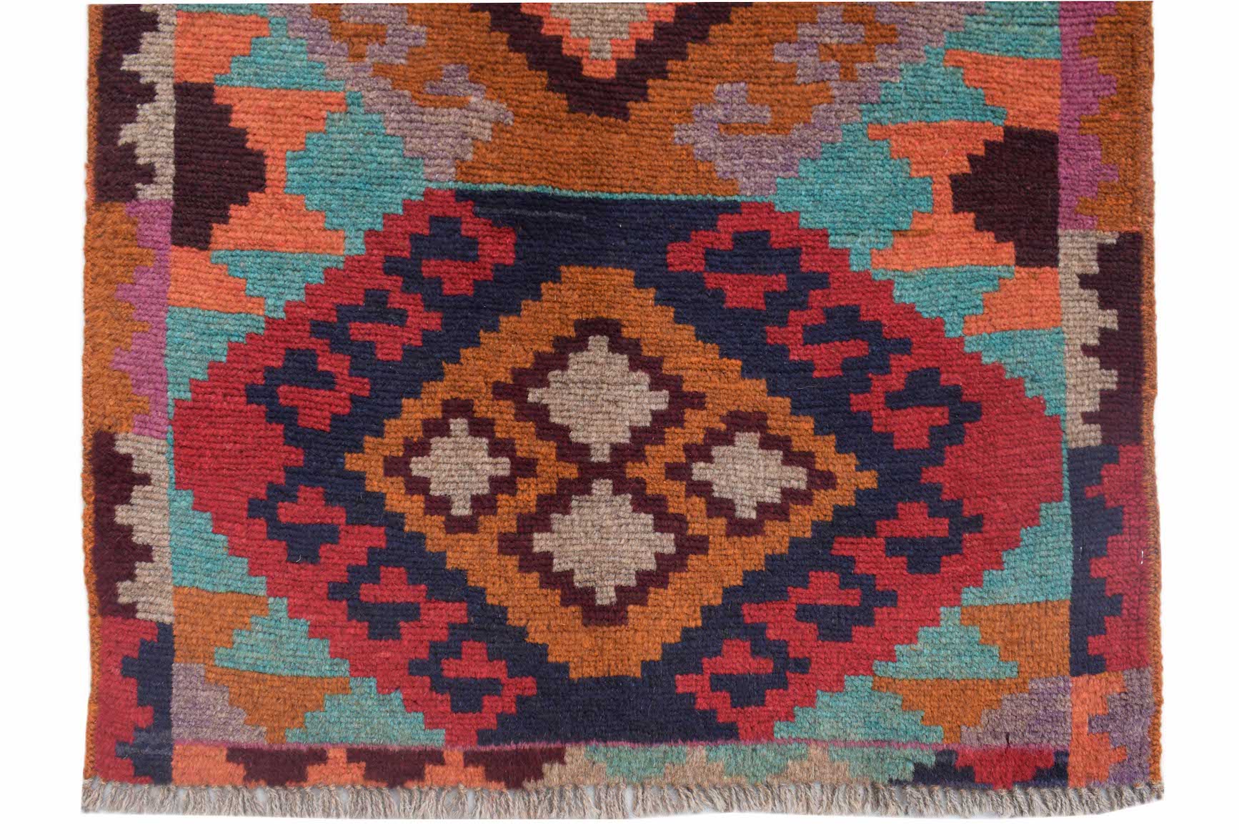 Handmade Afghan Pashm rug featuring a geometric diamond pattern in red, blue, and orange wool.