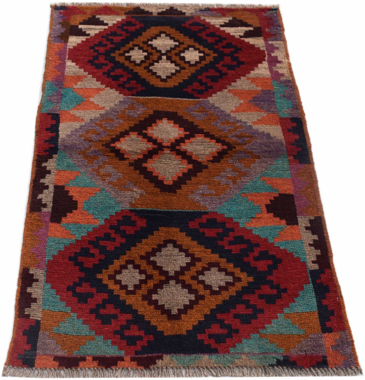 Handmade Afghan Pashm rug featuring a geometric diamond pattern in red, brown, and blue tones.