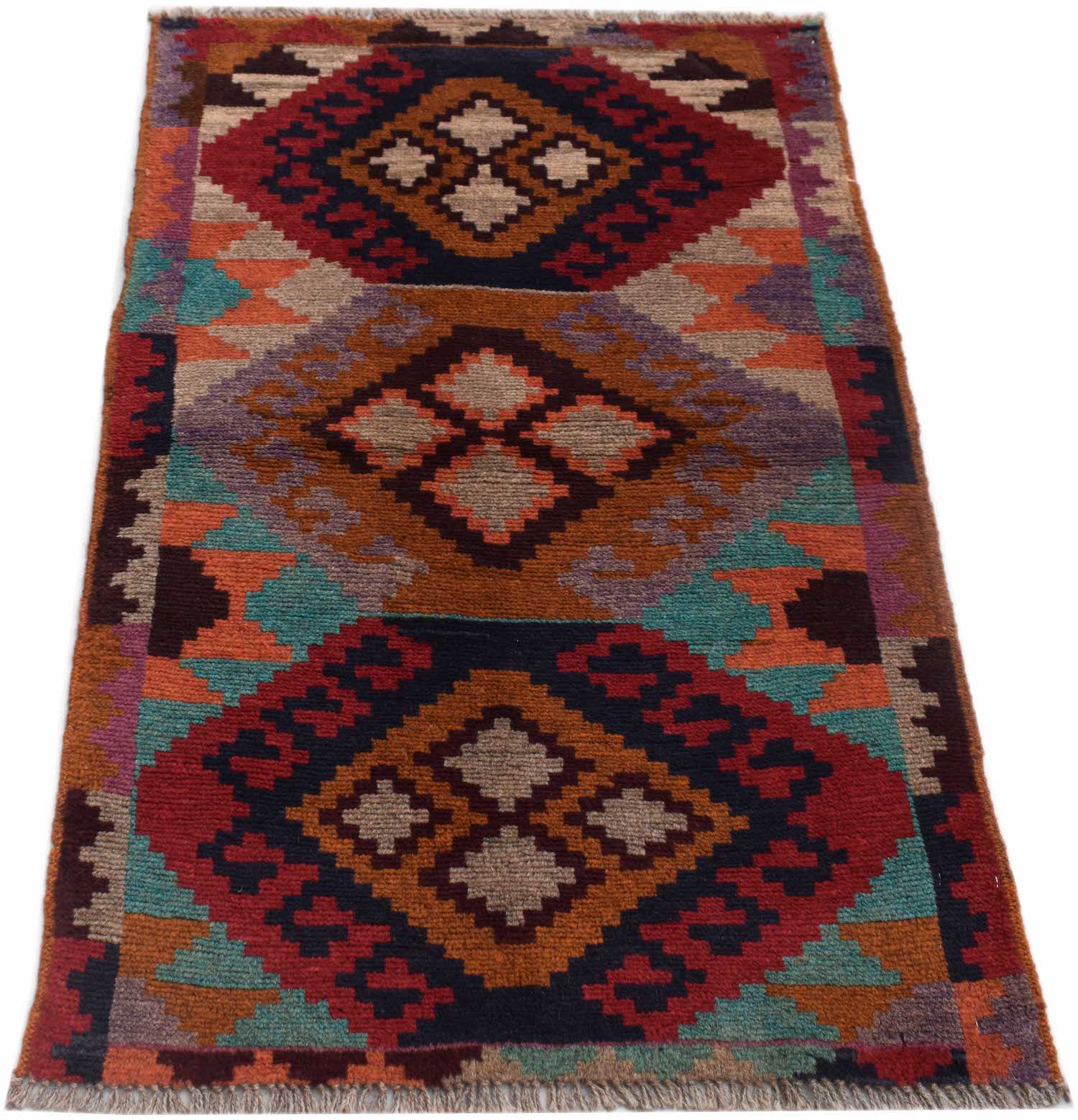 Handmade Afghan Pashm rug featuring a geometric diamond pattern in red, brown, and blue tones.