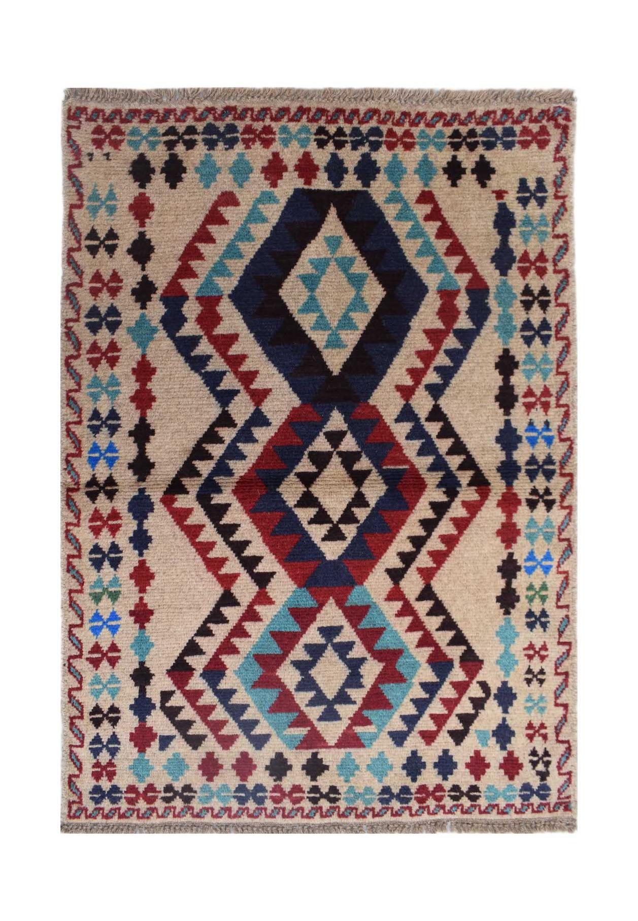 Handmade Afghan Pashm rug featuring a geometric diamond pattern in red, blue, and ivory wool.