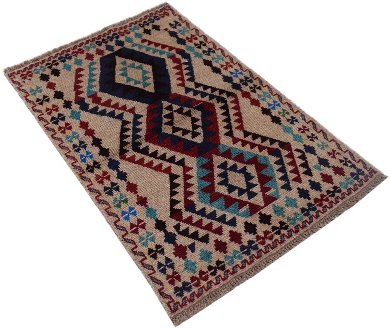 Handmade Afghan Pashm rug featuring a geometric tribal pattern in red, blue, and ivory wool.