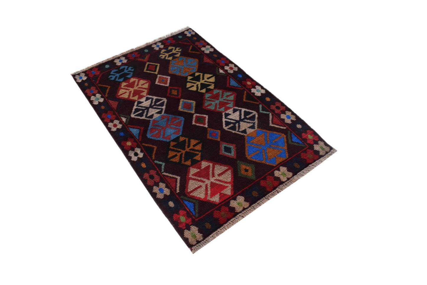 A handmade Afghan Pashm rug featuring geometric tribal patterns in dark red, blue, and brown tones.