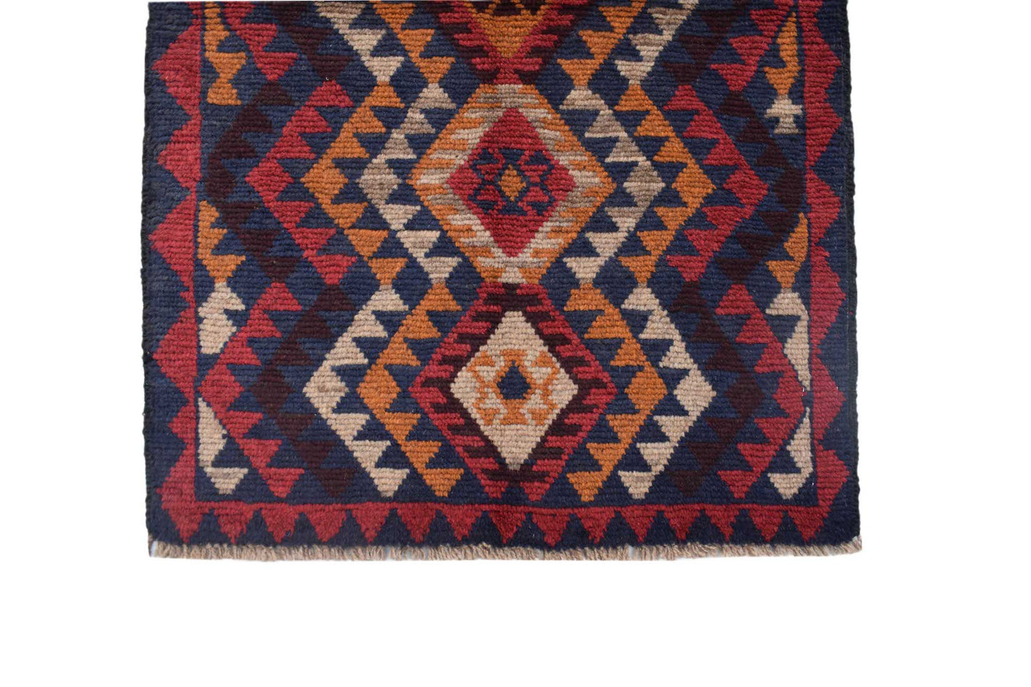 Handmade Afghan Pashm rug featuring a geometric diamond pattern in shades of red, blue, and orange.