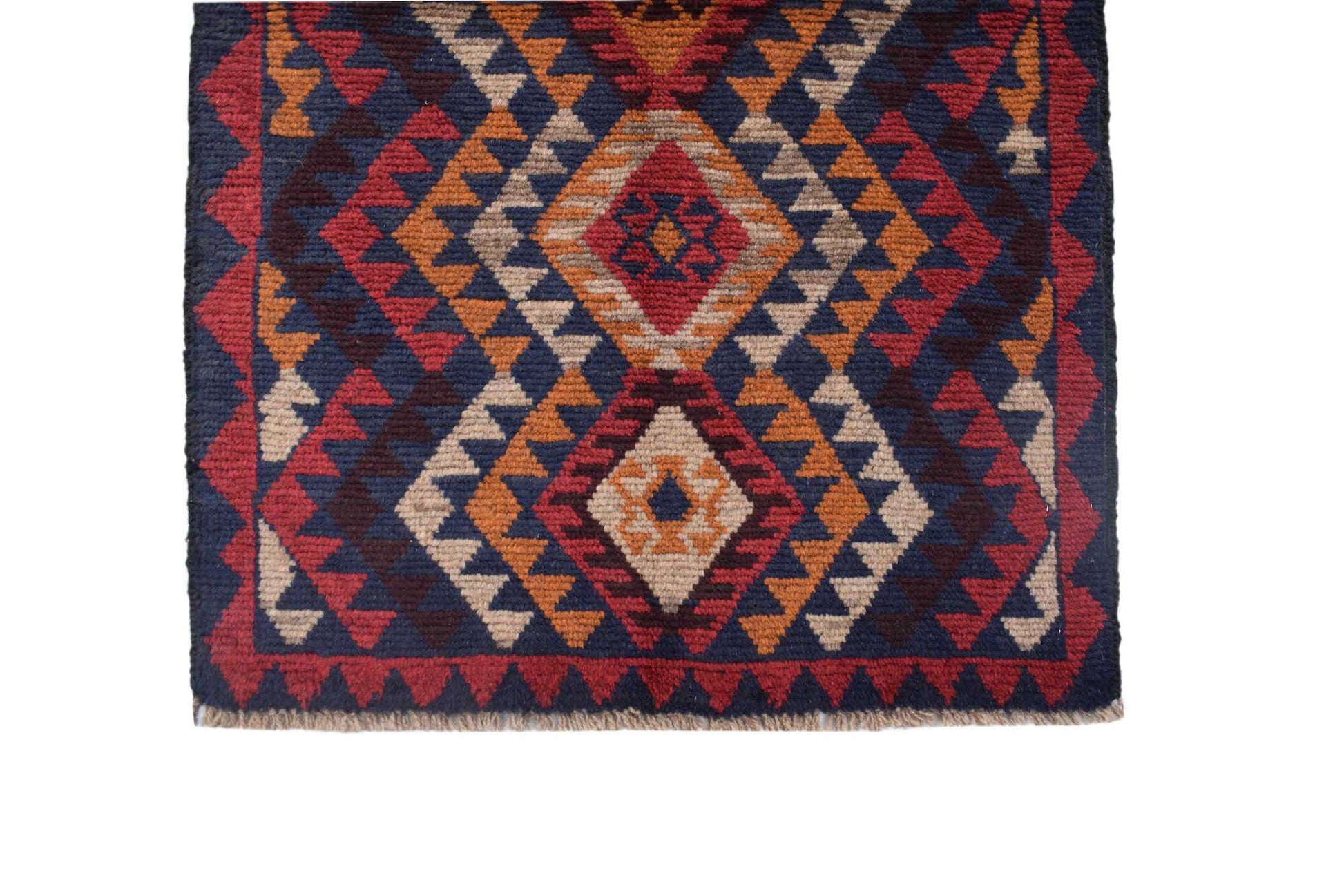 Handmade Afghan Pashm rug featuring a geometric diamond pattern in shades of red, blue, and orange.