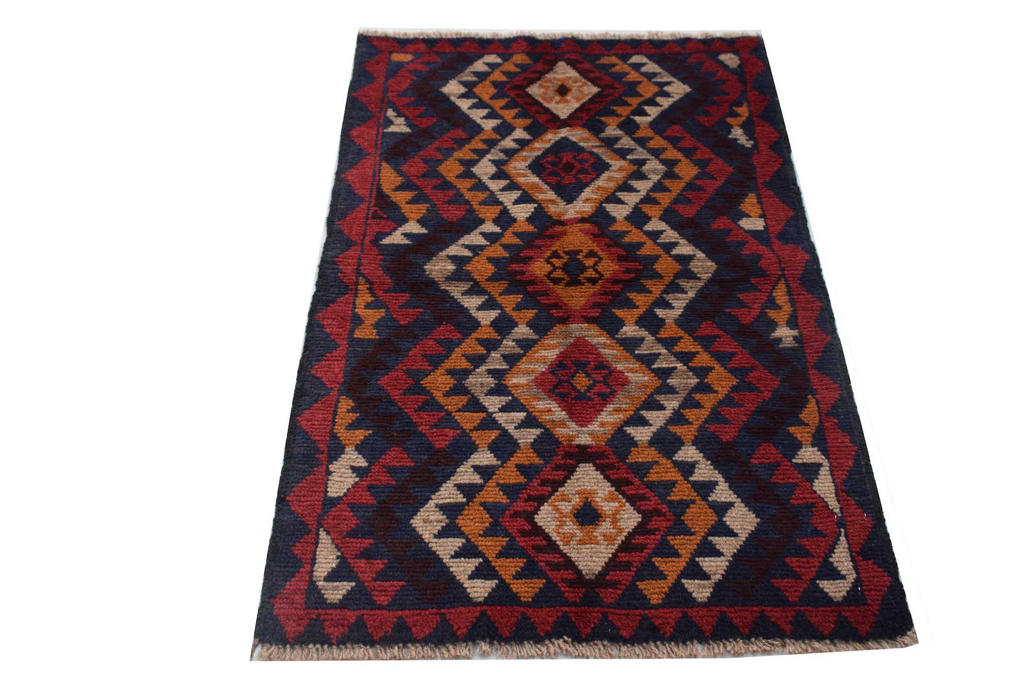 Handmade Afghan Pashm rug featuring a geometric diamond pattern in red, blue, and ivory wool.
