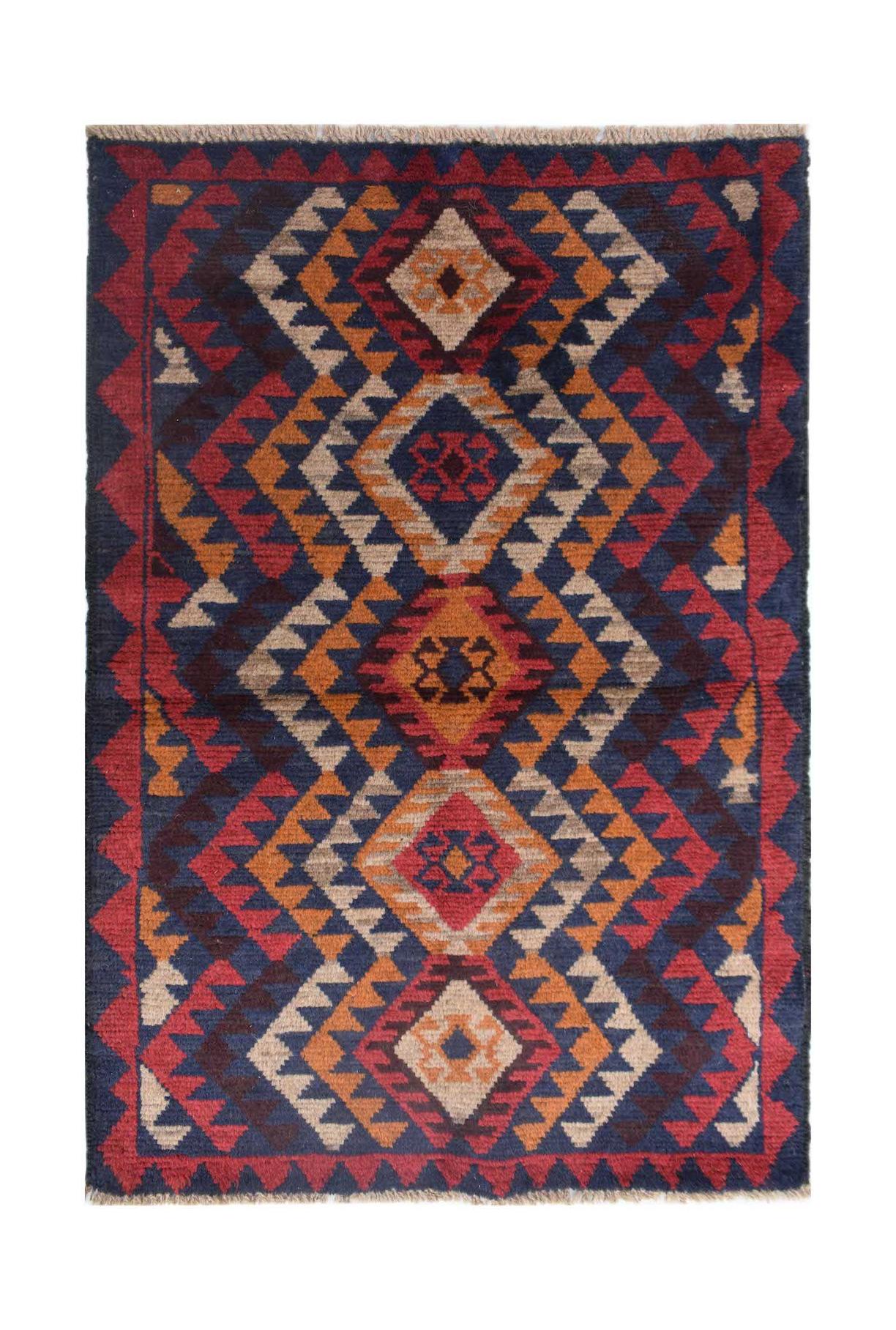 Handmade Afghan Pashm rug featuring a geometric diamond pattern in red, blue, and orange wool.