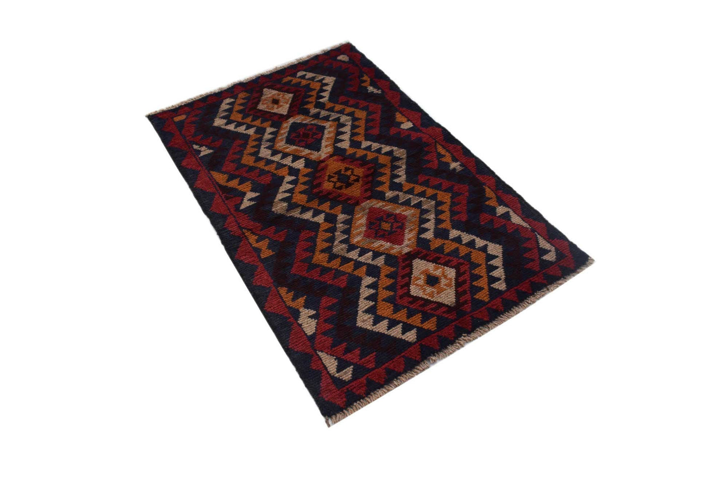 A handmade Afghan Pashm rug featuring a geometric tribal pattern in dark red, brown, and blue.