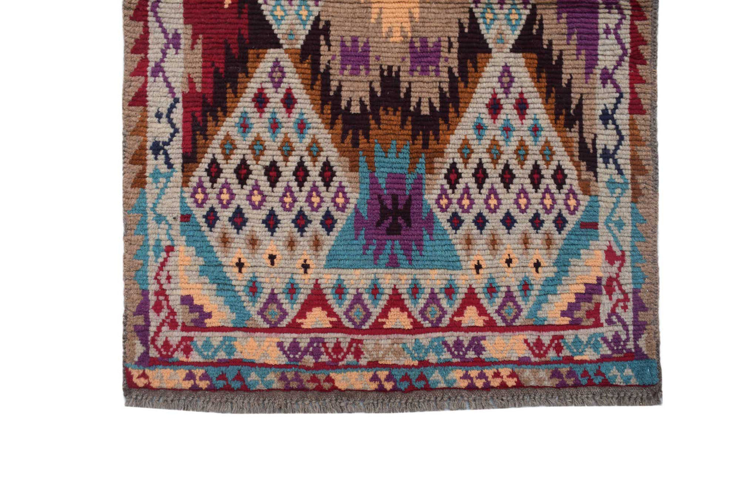 Handmade Afghan Pashm rug featuring geometric diamond patterns in red, blue, and brown wool.