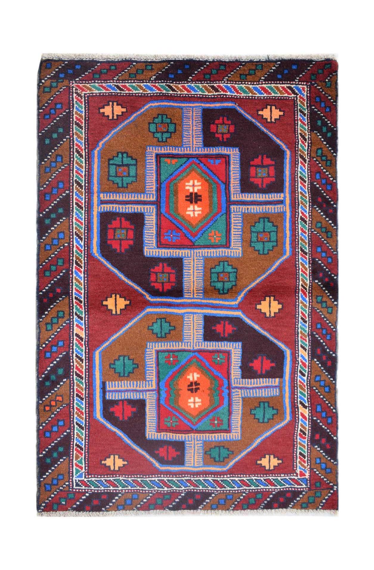 Handmade Afghan Pashm rug featuring geometric tribal patterns in deep red, brown, and blue tones.