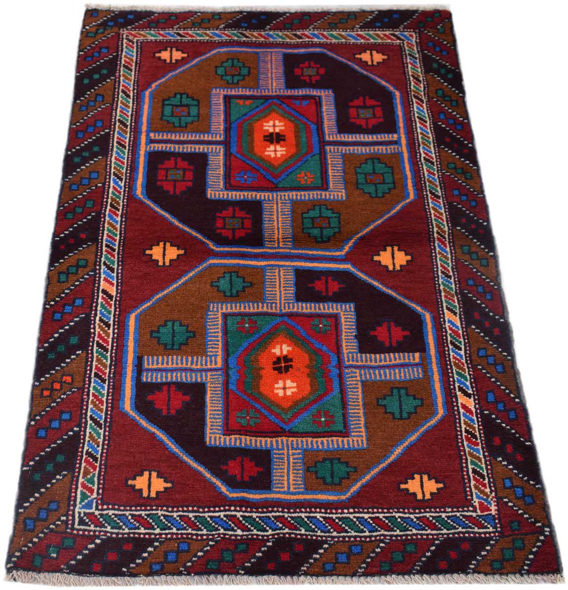 Handmade Afghan Pashm rug featuring geometric tribal patterns in deep red, brown, and blue tones.