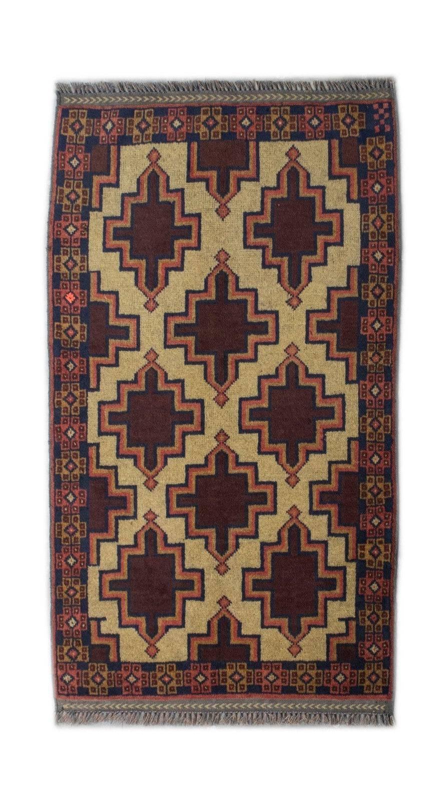 Handmade Afghan Pashm rug featuring a geometric pattern in dark red, brown, and ivory tones.
