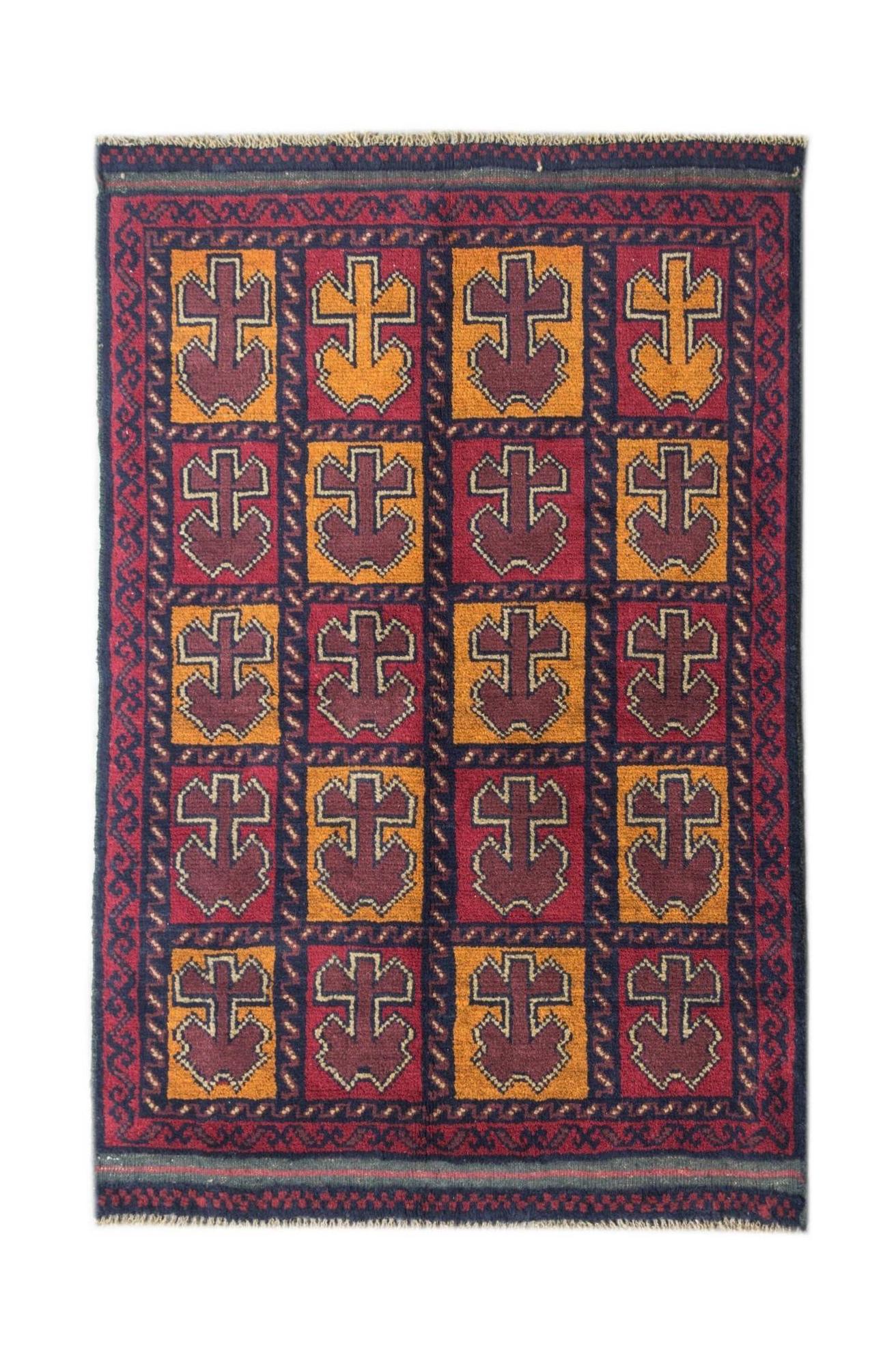 Handmade Afghan Pashm rug featuring a geometric grid of stylized motifs in red, gold, and blue.