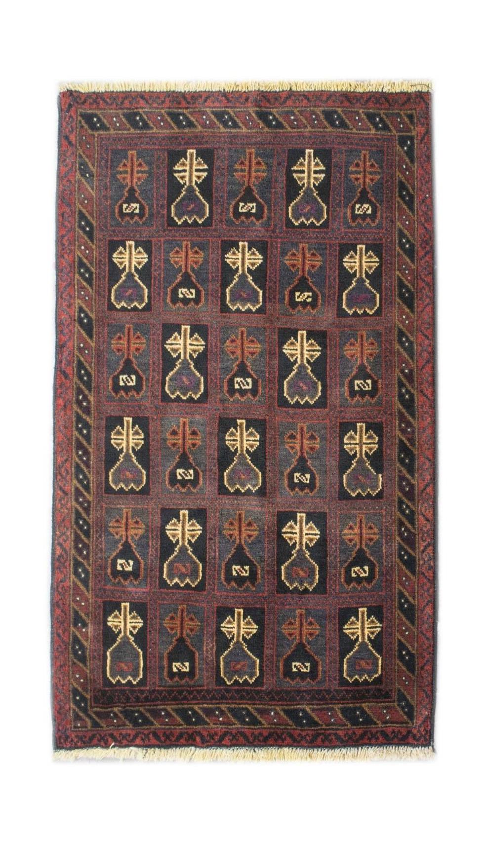 Handmade Afghan Pashm rug featuring a repeating geometric pattern in dark red, brown, and blue.