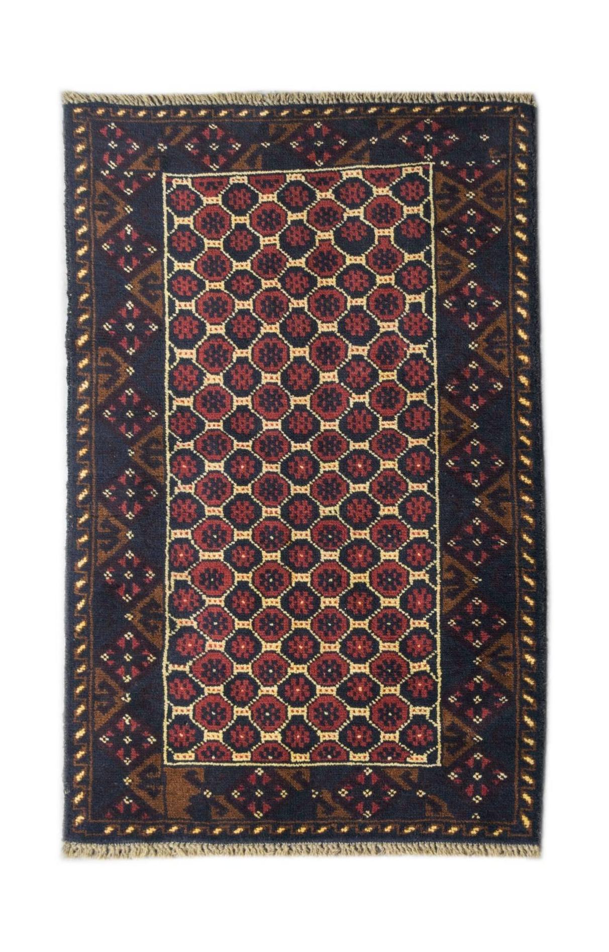 Handmade Afghan Pashm rug featuring a geometric red and dark blue pattern with fringe ends.