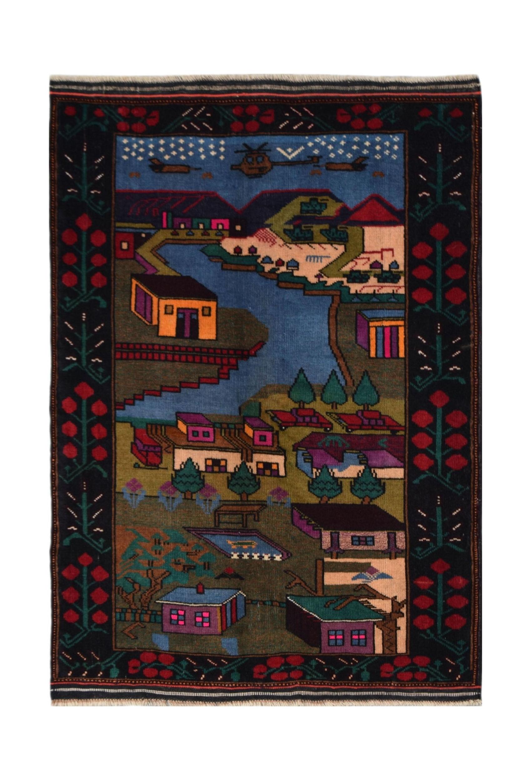 Handmade Afghan Baluch wool rug featuring a pictorial landscape with houses and a helicopter.