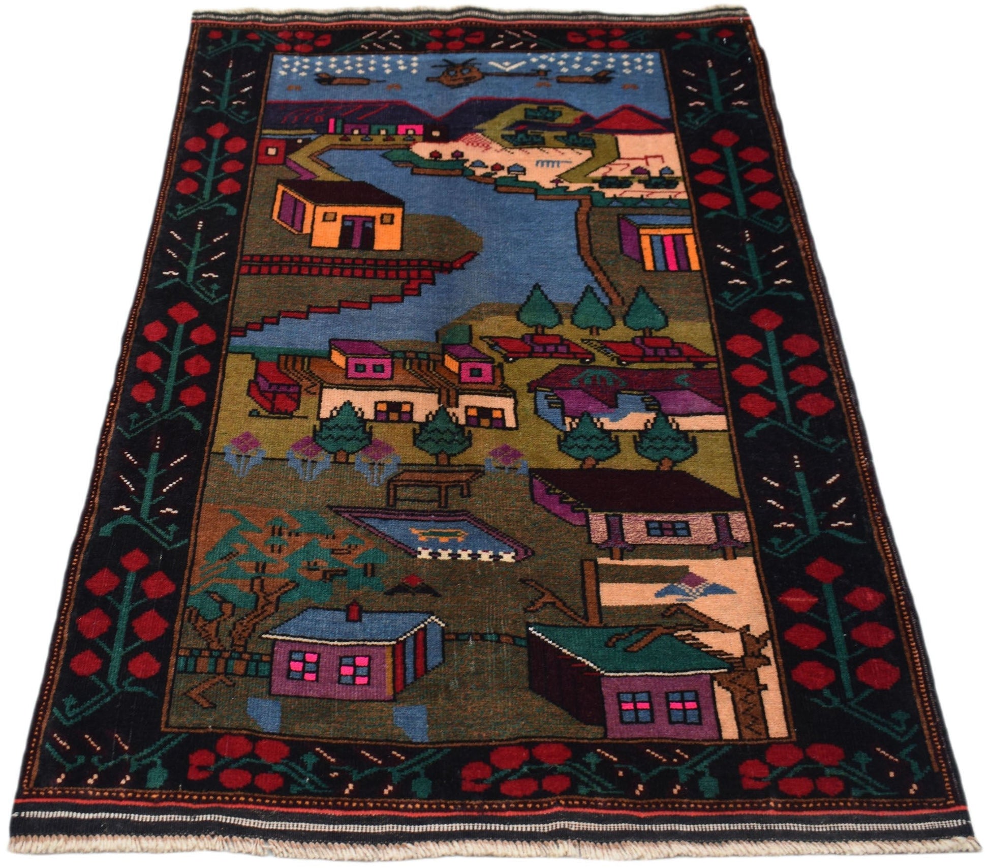 Handmade Afghan Baluch wool rug featuring a colorful village landscape on a dark background.