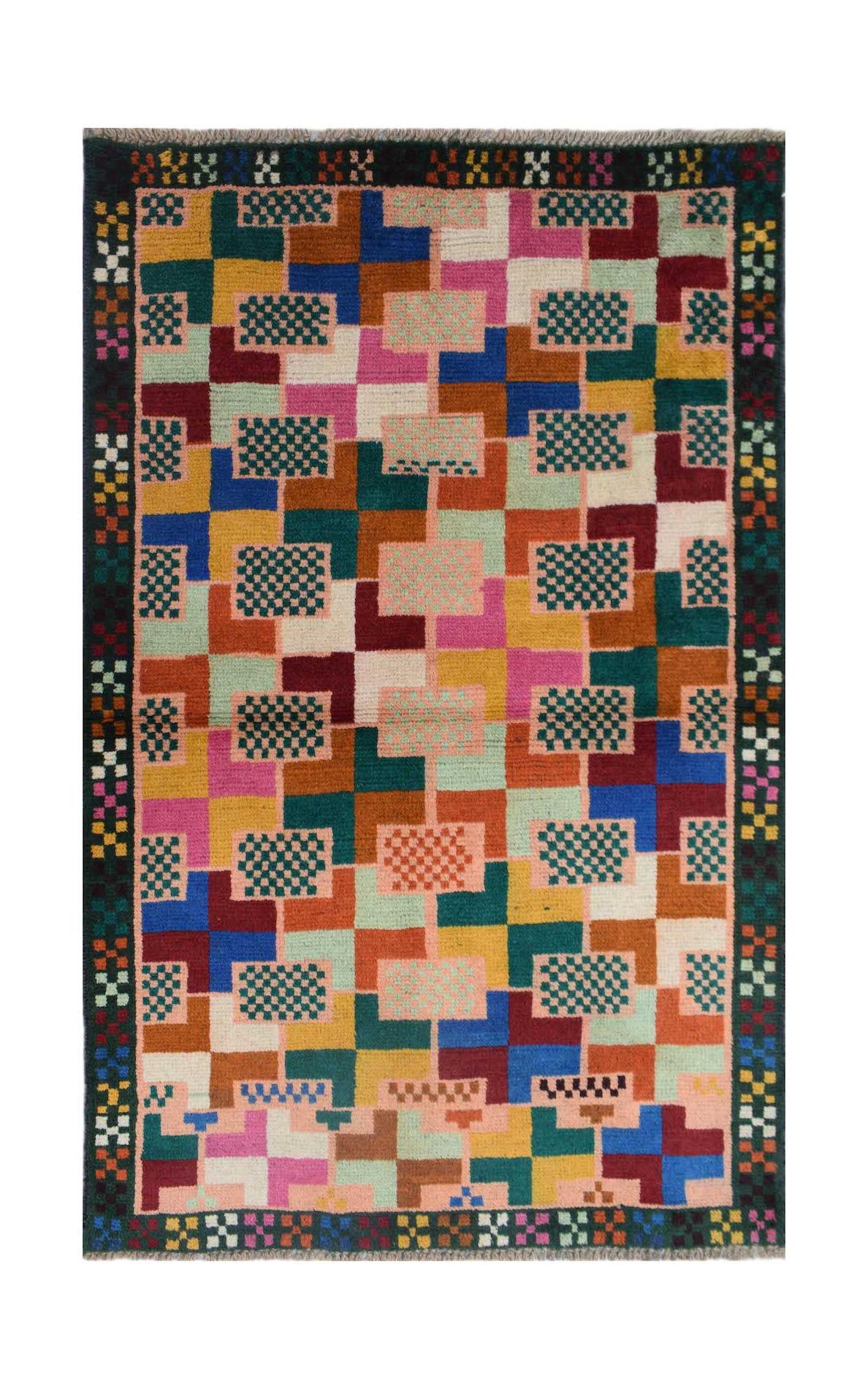 Handmade Afghan Pashm rug featuring a colorful geometric block pattern with a dark border.