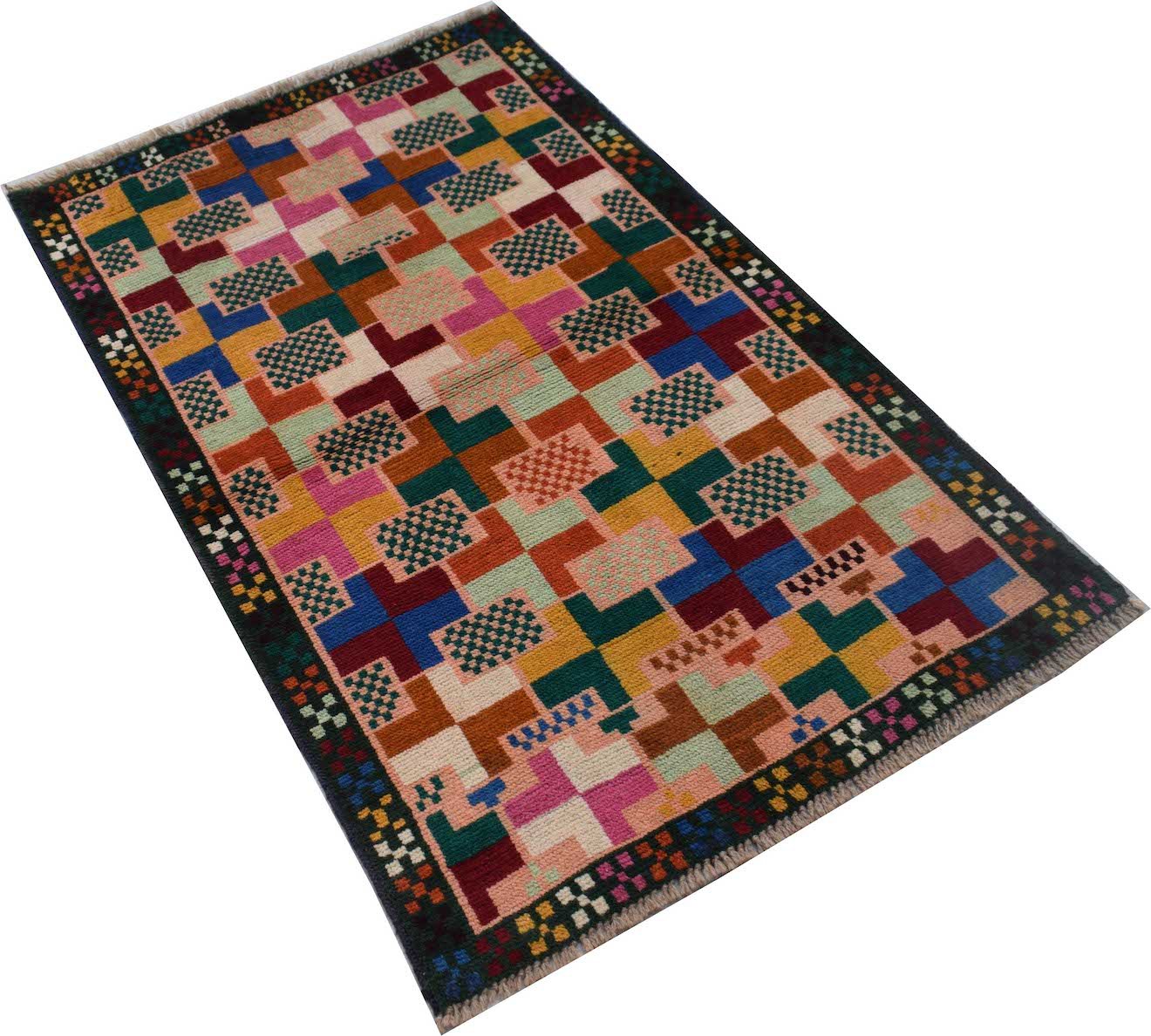 Handmade Afghan Pashm rug featuring a colorful geometric pattern of squares and crosses.
