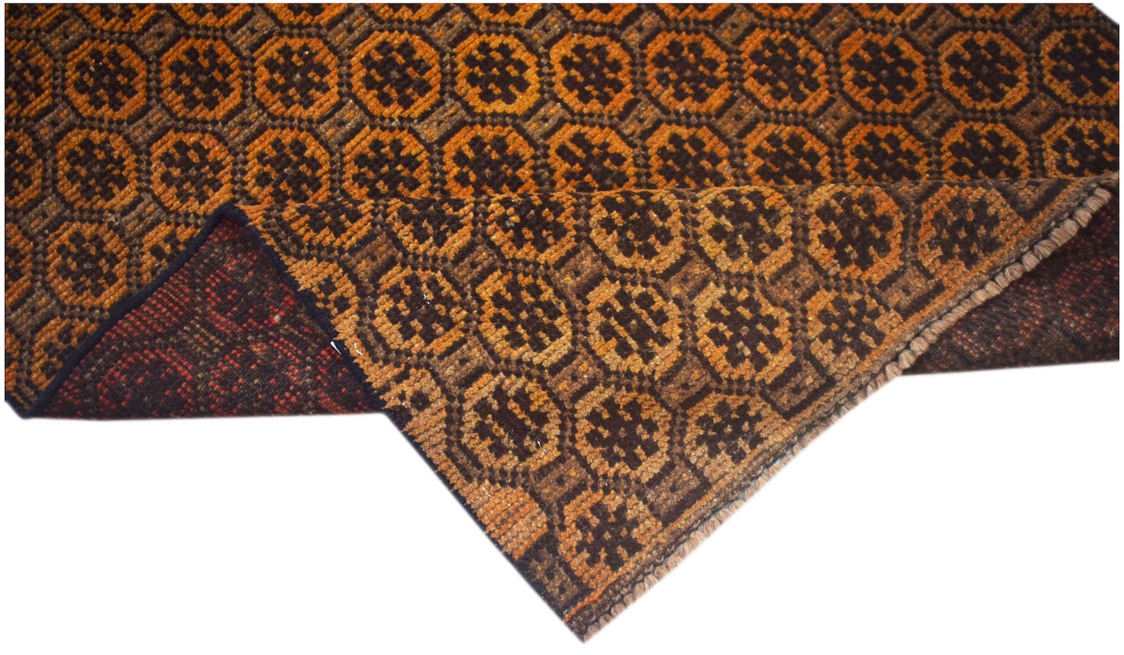 Handmade Afghan Baluch rug featuring a repeating geometric pattern in shades of brown and orange.