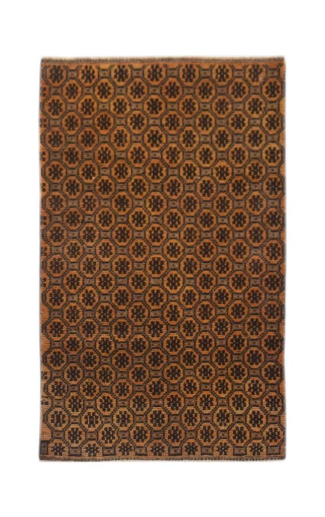 Handmade Afghan Baluch rug featuring a repeating geometric pattern in shades of brown and orange.