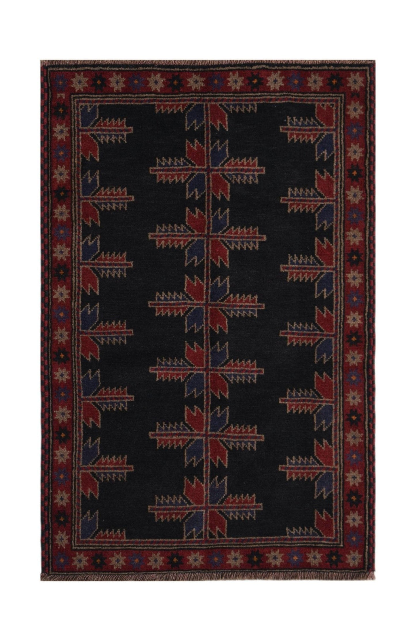 Handmade Afghan Baluch rug featuring a dark field with repeating geometric floral motifs.