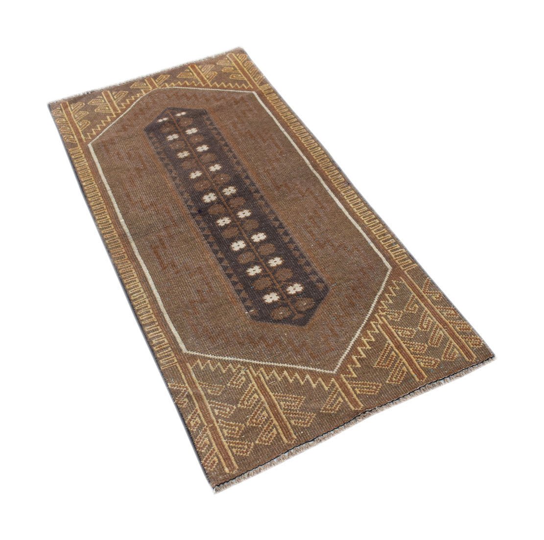 Handmade Afghan Baluch rug featuring a brown field with a central geometric medallion and borders.